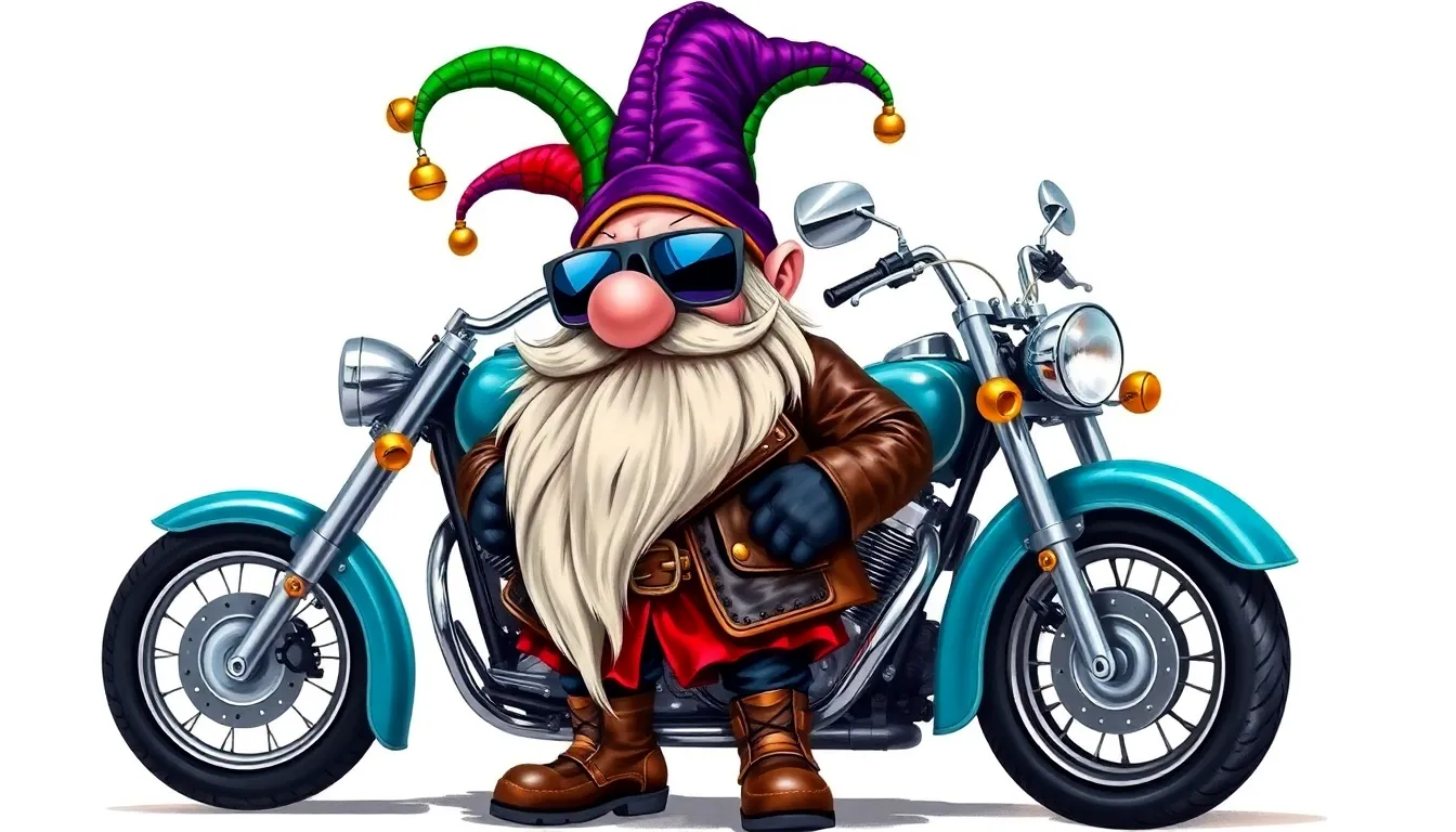 funny caricatureA colorful carnival-themed gnome biker standing next to a classic motorcycle. The gn... funny caricatureA colorful carnival-themed gnome biker standing next to a classic motorcycle. The gn...
