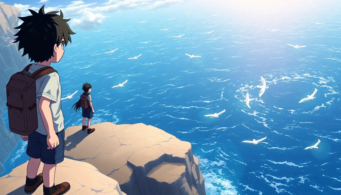 A young anime adventurer standing on a cliff, look...