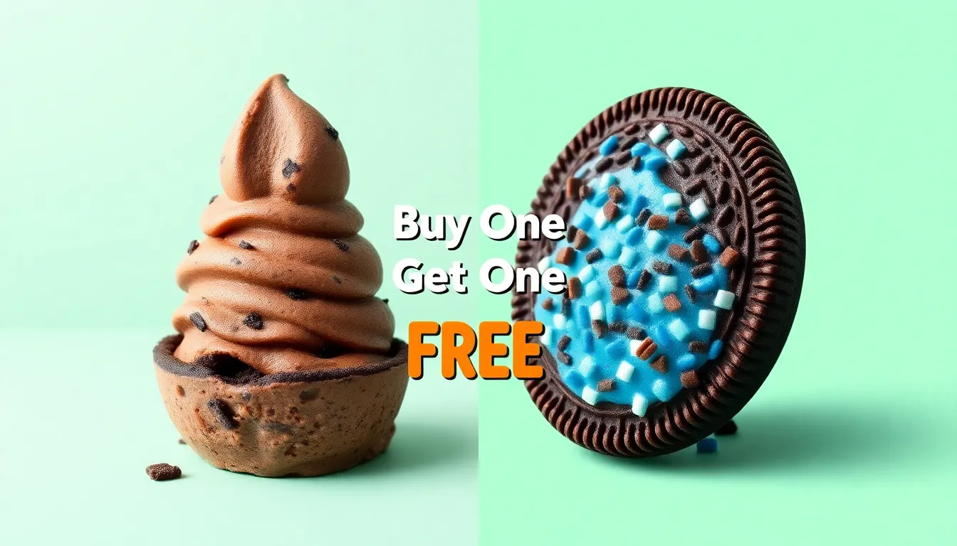 A bold promotional poster with a split-screen layout: on the left, the rocky chocolate Oreo ice crea...