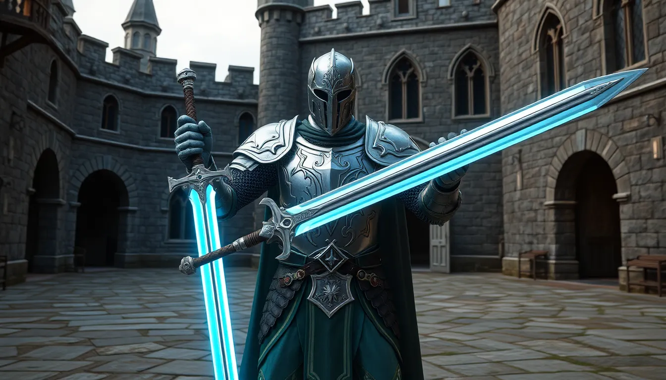 A heroic knight in silver armor holding a glowing sword, standing in a medieval castle courtyard.