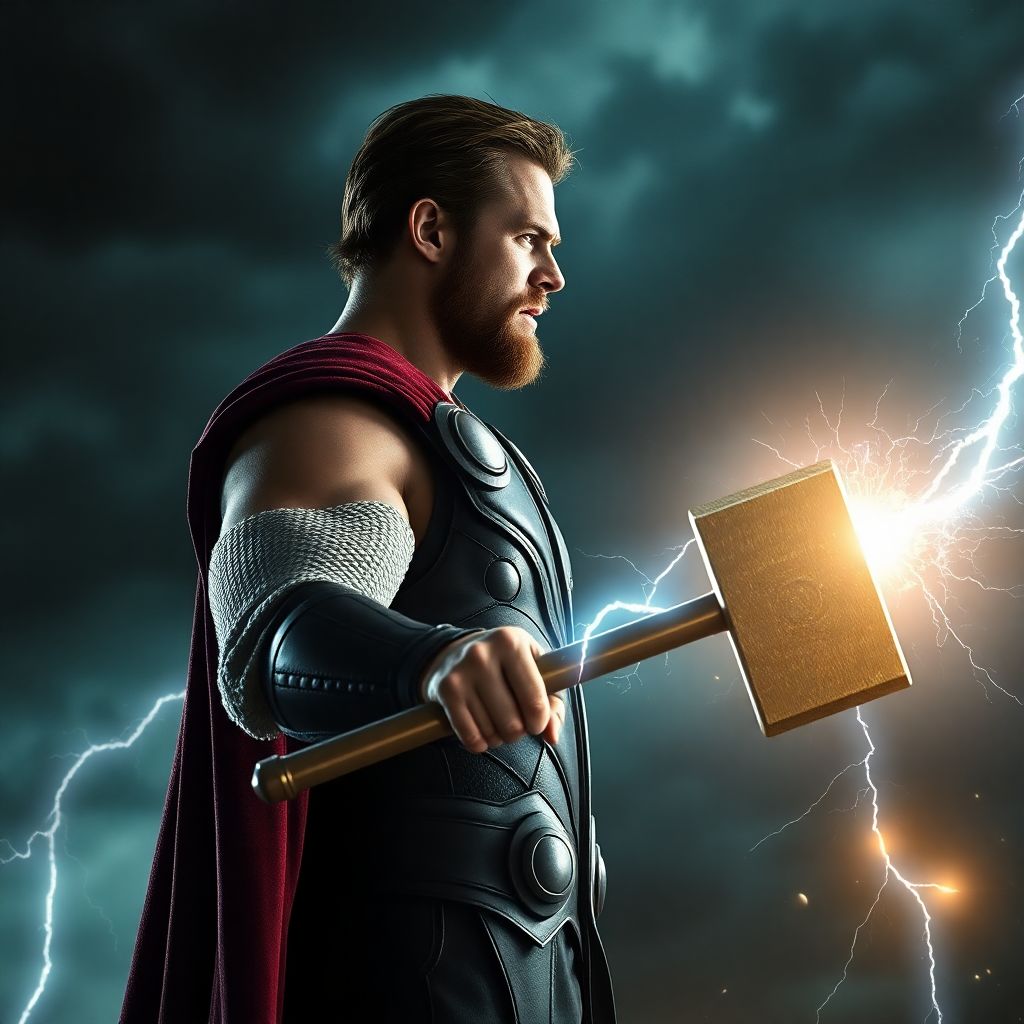 A cinematic, ultra-realistic scene in 9:16 aspect ratio. The character Thor, with the face of Chris ...