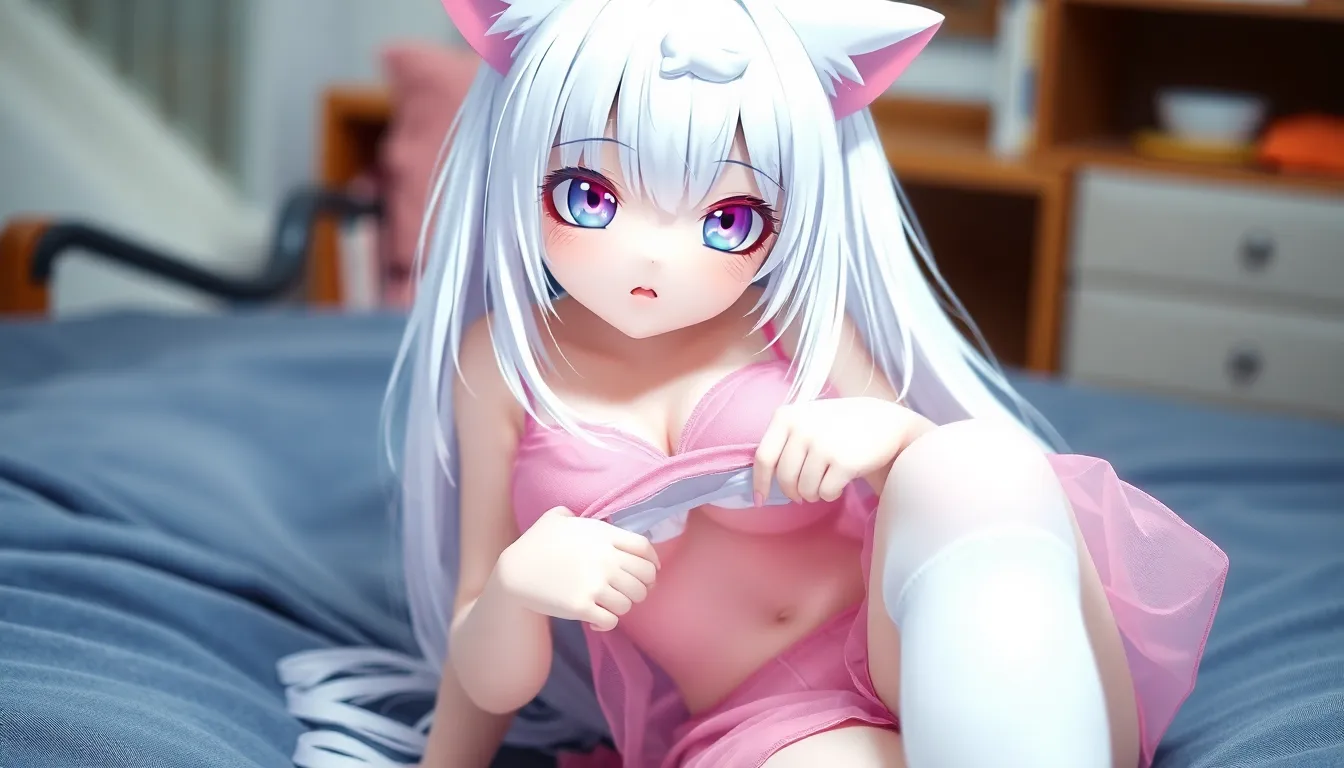 NSFW,White hair, cute cat-eared loli, white stockings, pink transparent dress, protruding, and under...