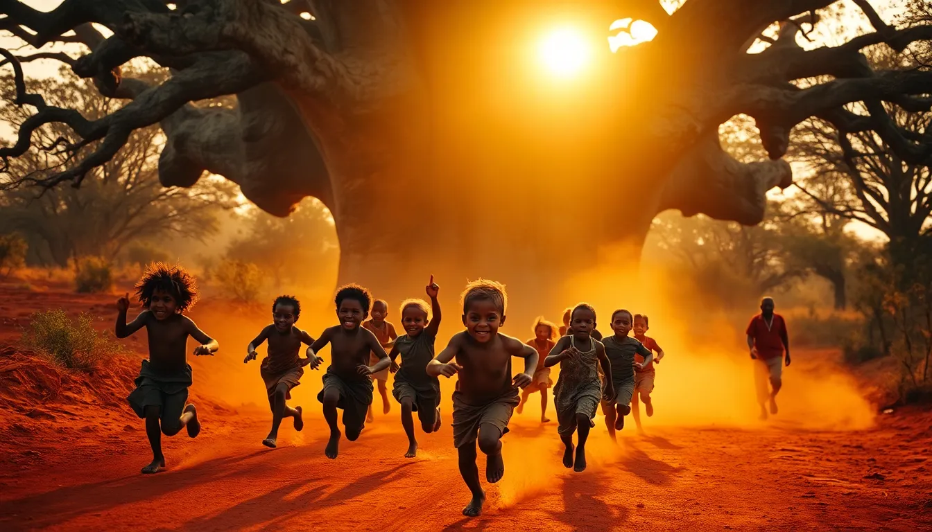 Children Running Home
 Ultra-realistic cinematic scene of African village children running barefoot ...