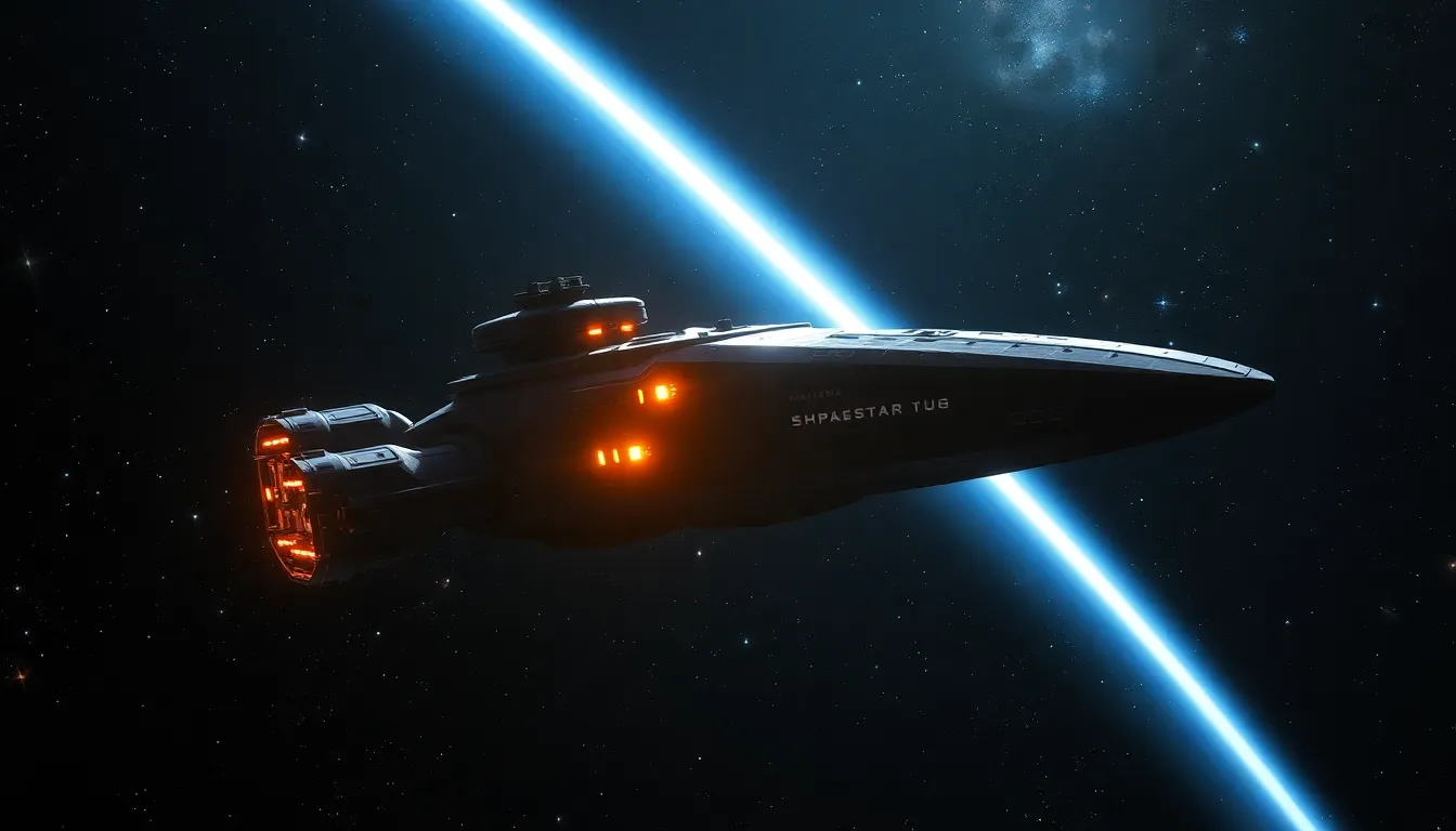 A massive spaceship docking at a glowing space sta...