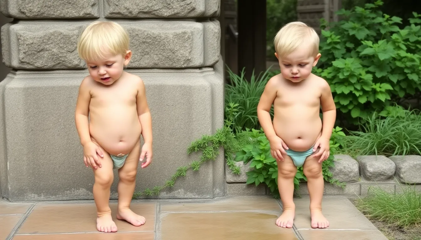 Two little boys peeing naked with their penis show...