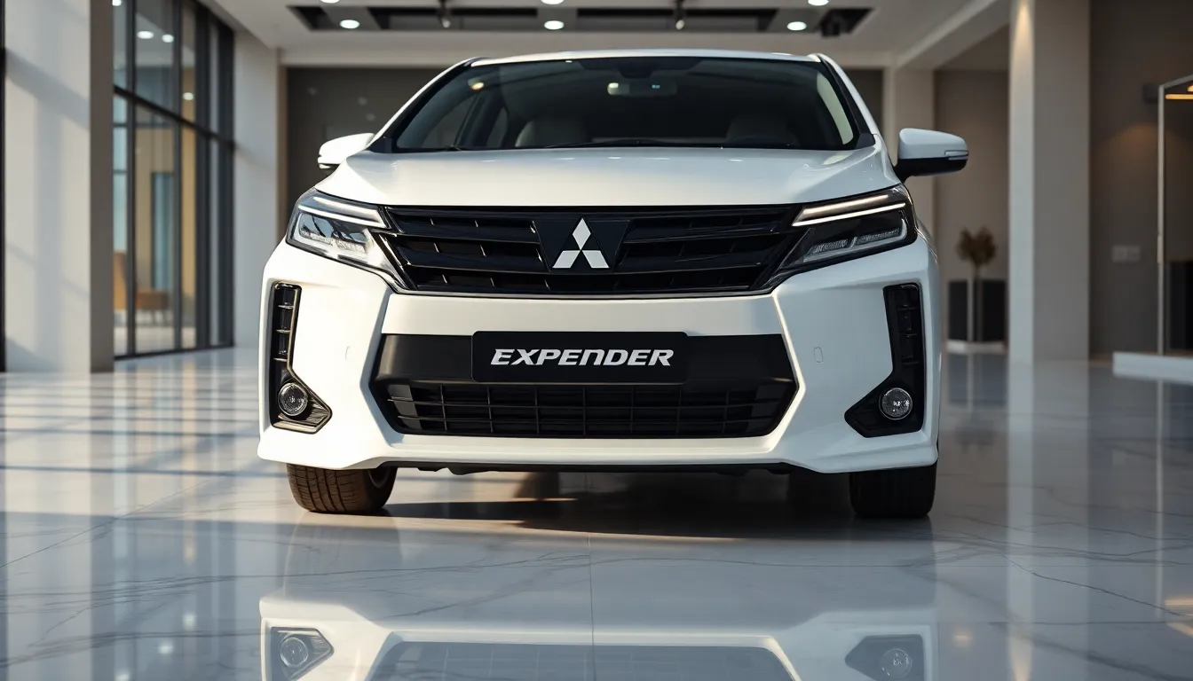 White 2026 Mitsubishi Expander with glossy black grille, car parked slightly far in a high-luxury sh...