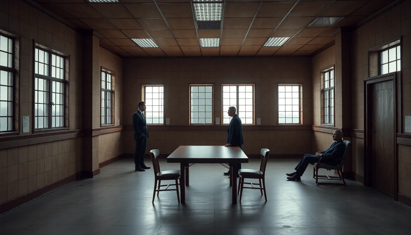 an interrogation room, no windows,a table in the center, two people, one standing, the other sitting...