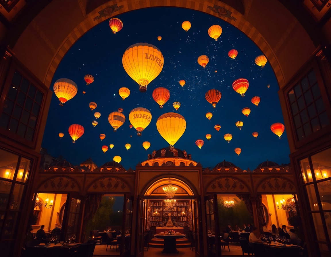 In the Turkish night, looking out from the arched large French windows with canopies of a Turkish ca...