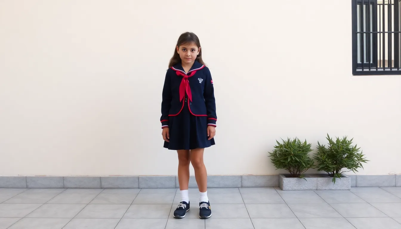 Colegiala de 10 años usando uniforme escolar con falda escolar muy corta y con grandes nalgas y redo...