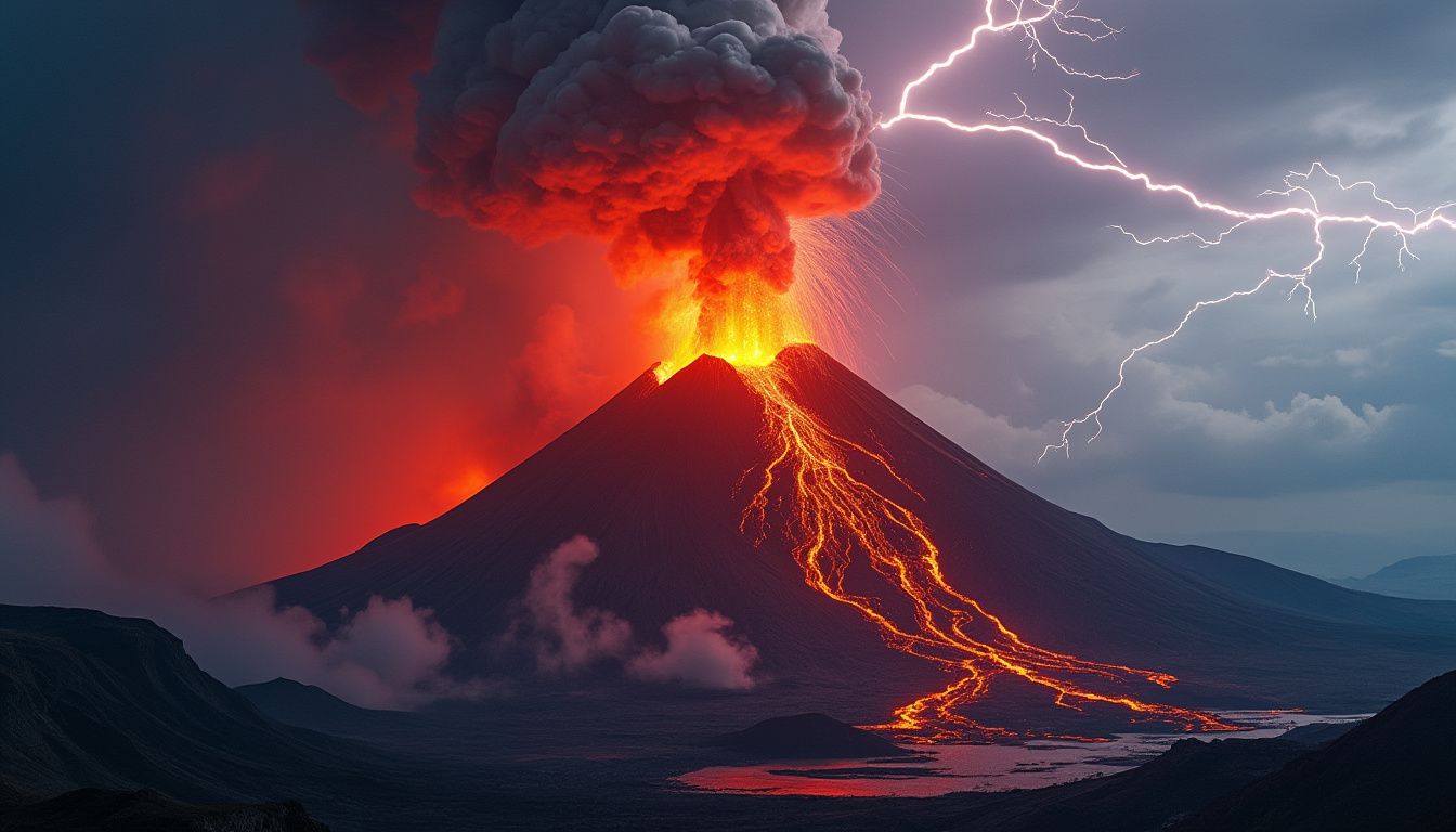 A volcanic mountain erupting with red-hot lava, su...