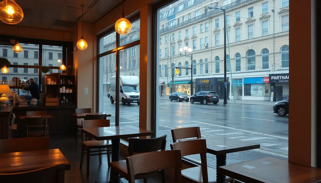 A cozy café with warm lighting, wooden furniture, and large windows overlooking a rainy city street. A cozy café with warm lighting, wooden furniture, and large windows overlooking a rainy city street.