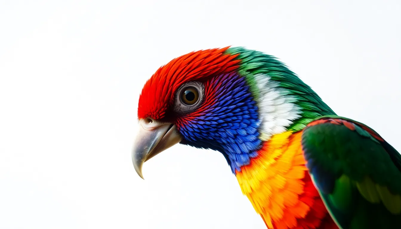 un oiseau, très coloré, avec une tête de femme sur fond blanc uni
