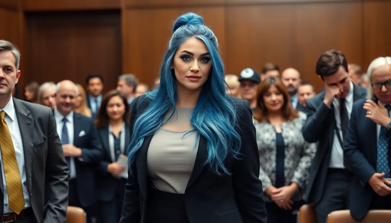 Curvy Girl with long blue Hair tied back and blue Eyes wearing Make-Up walk in the crowded Courtroom...