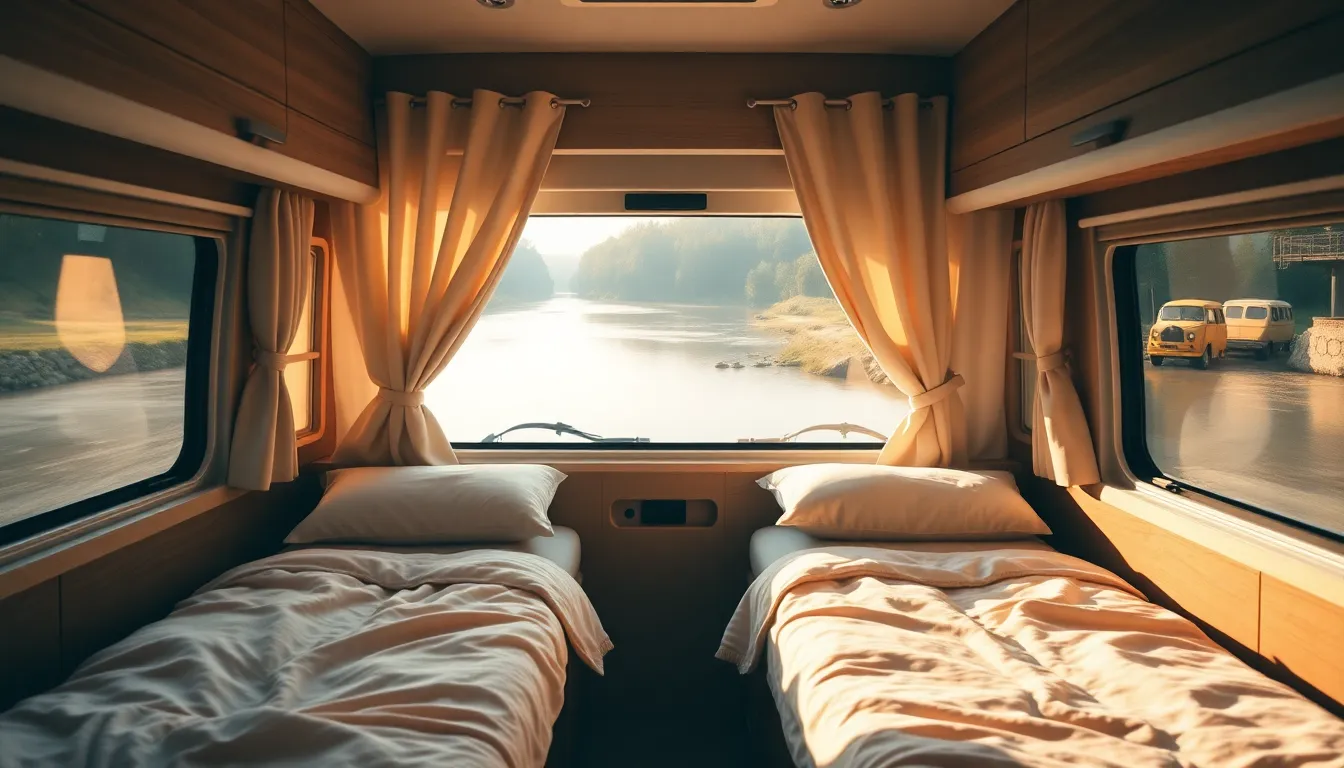 A cozy campervan bedroom with twin beds, morning s... A cozy campervan bedroom with twin beds, morning s...