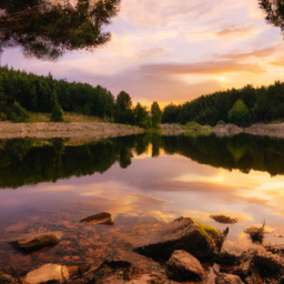 A serene mountain landscape with a crystal-clear lake, surrounded by lush green trees under a vibran...