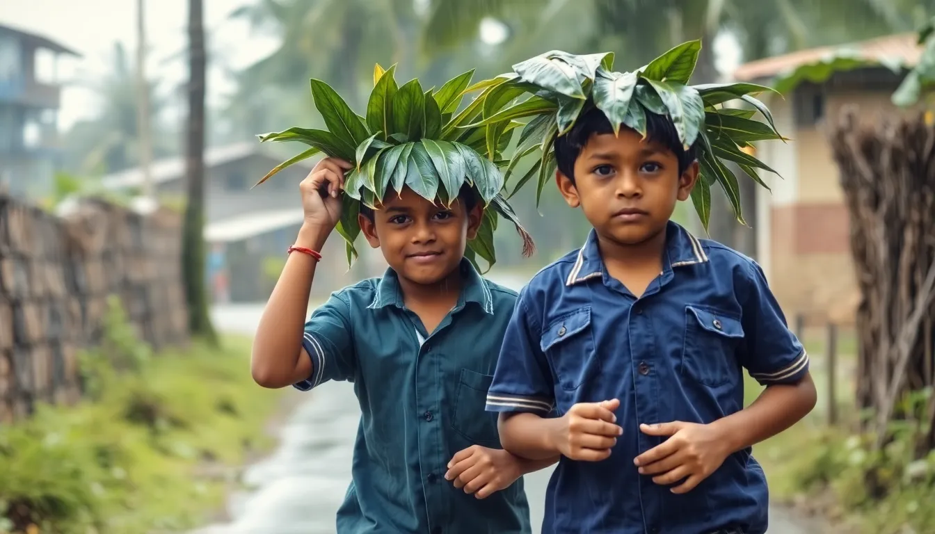 Two 10 years old cute boy coming from school running during the rain through a village road covering...