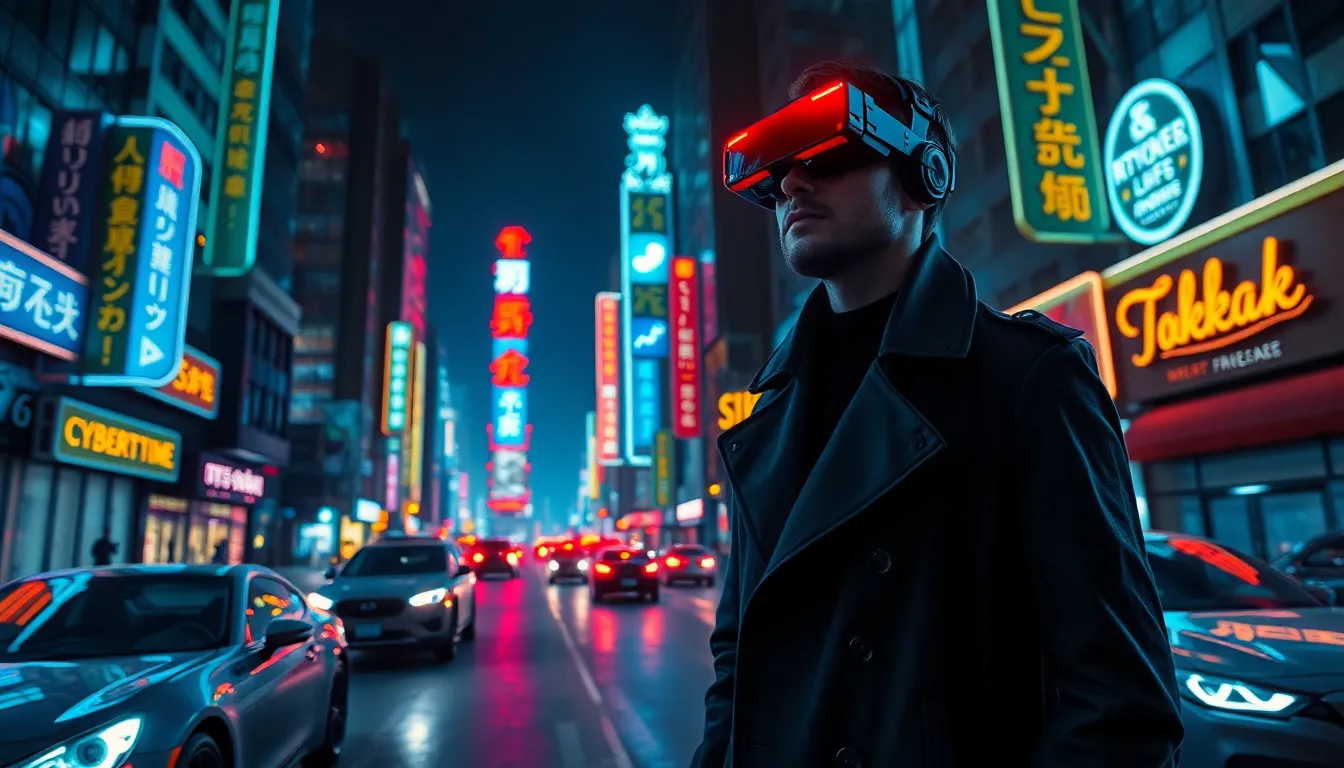 A cyberpunk city at night, with glowing neon signs, flying cars, and a mysterious figure wearing a t...