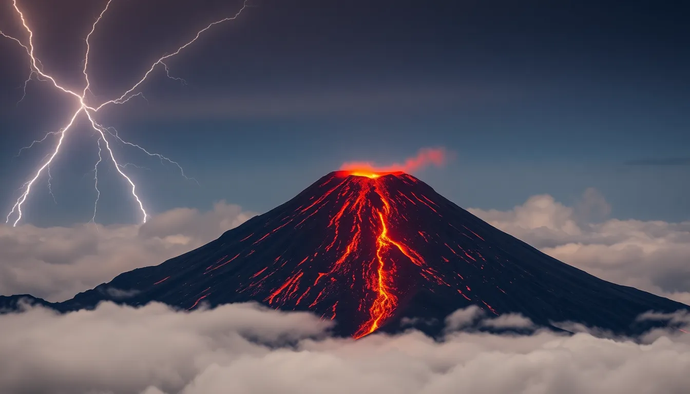 A volcanic mountain erupting with red-hot lava, su...