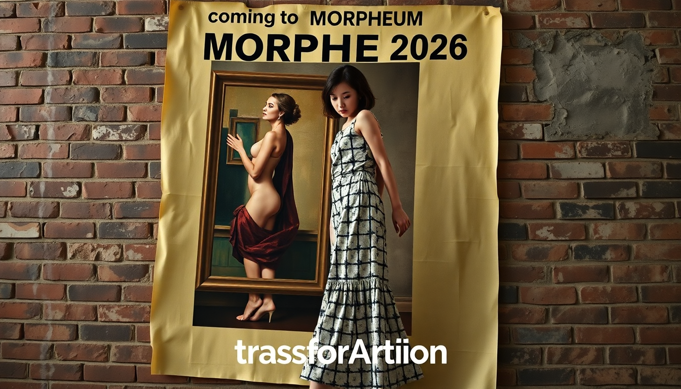 a photography of a girl stepping out of a tattered Poster with printed text "coming to MORPHEUM 2026...