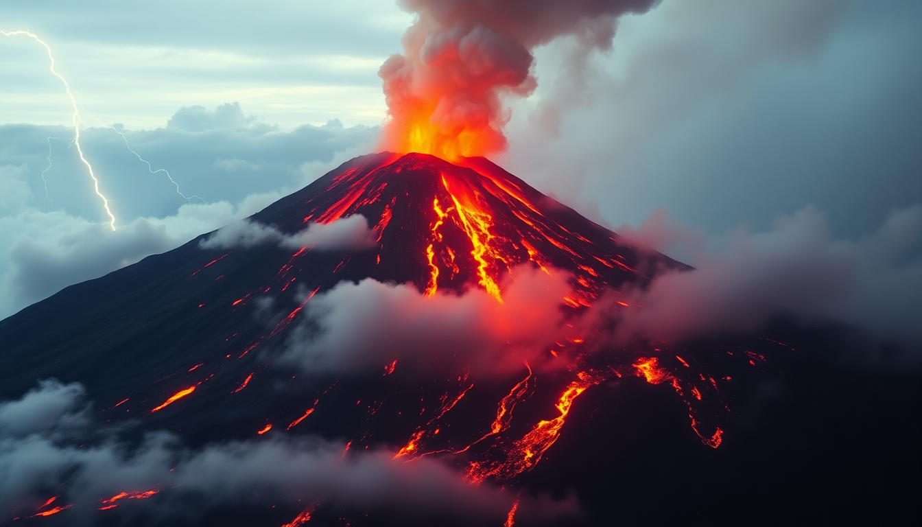 A volcanic mountain erupting with red-hot lava, su...