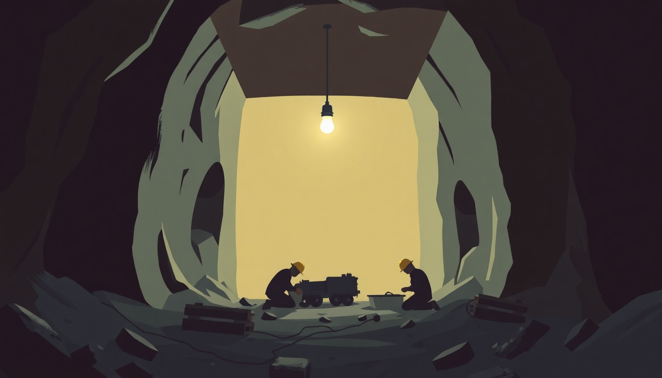 miners working under a square-shaped tunnel, under the light of a small bulb, cinematic, painterly d...