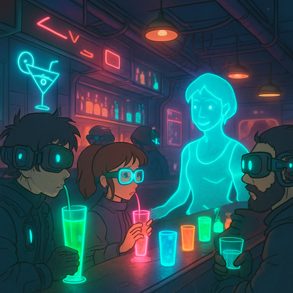 A cyberpunk-style bar with holographic bartenders, neon drinks glowing in the dark, and futuristic p...