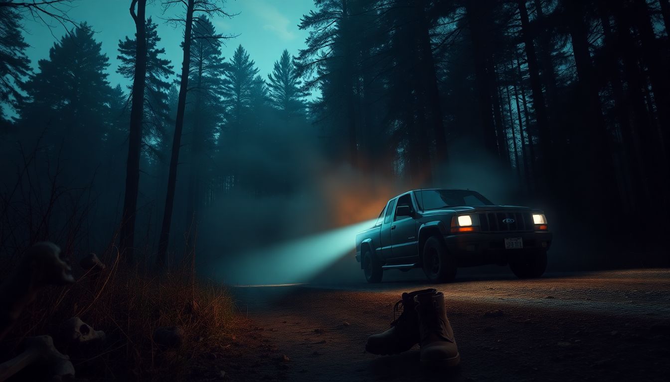 A chilling, cinematic forest scene at twilight, mist rolling between dense trees, a shadowy abandone...