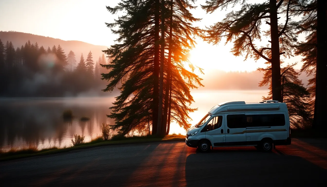 A peaceful lakeside at sunrise, a small luxury cam... A peaceful lakeside at sunrise, a small luxury cam...