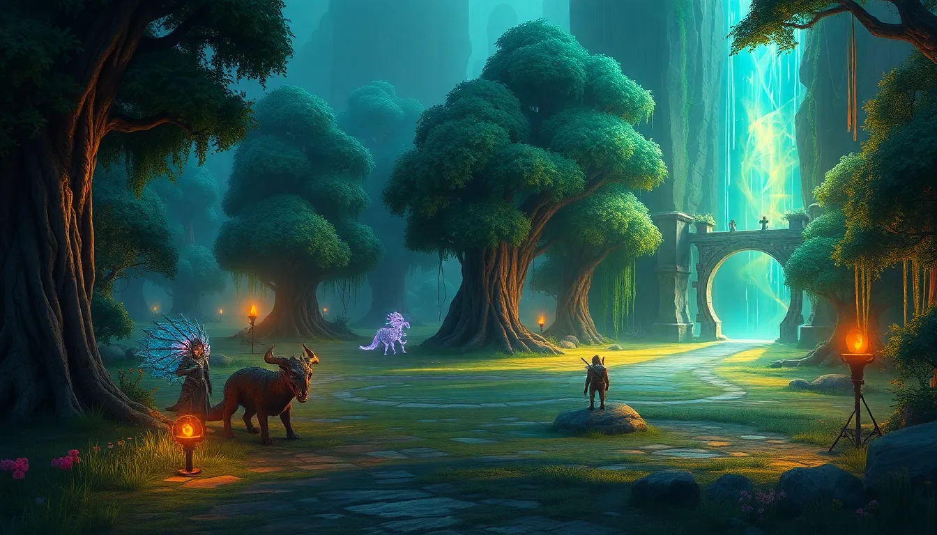 An open-world fantasy game scene featuring a magical forest, mythical creatures, and a glowing porta...
