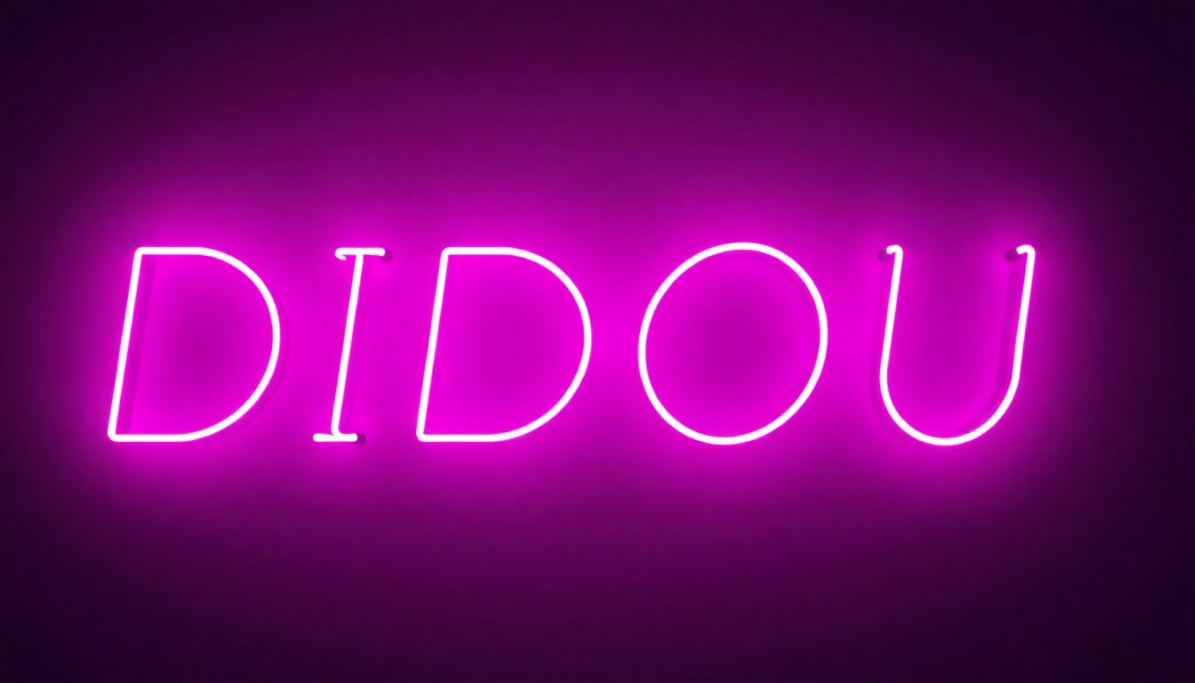 Generate a high-resolution PNG image of the text 'DIDOU 592' in glowing pink neon lights with a tran...