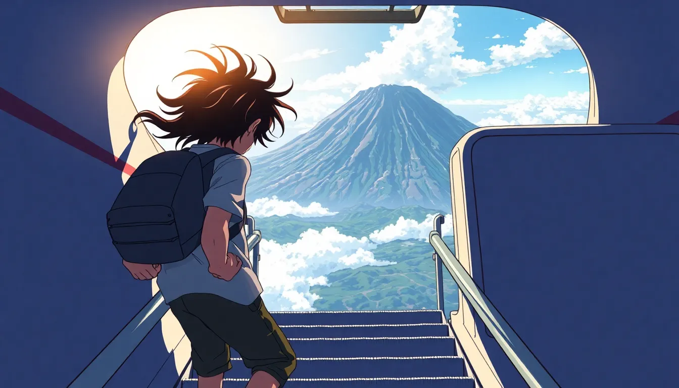 A boy is climbing the stairs of an airplane, seen ... A boy is climbing the stairs of an airplane, seen ...