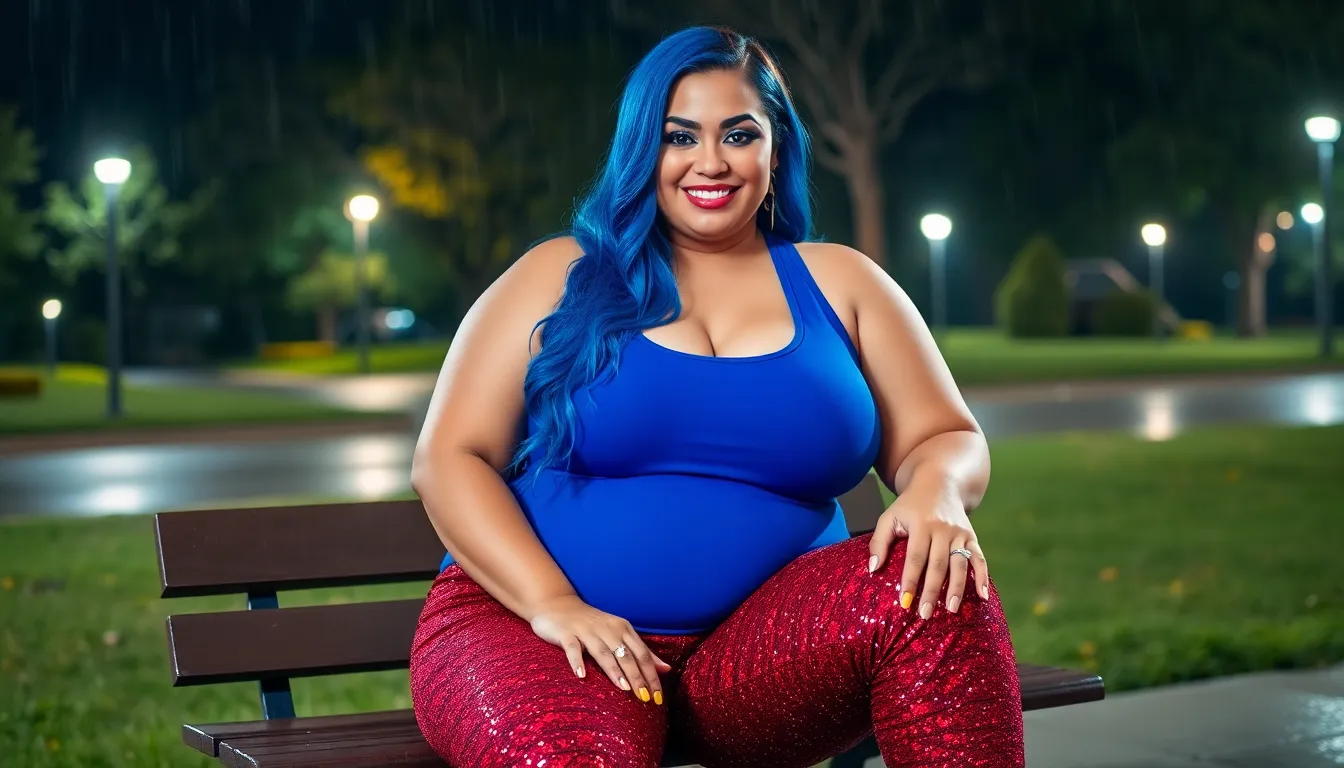 curvy Girl with blue long thin Hair and bright blue Eyes wearing Make-Up wearing a tight blue Tank T...