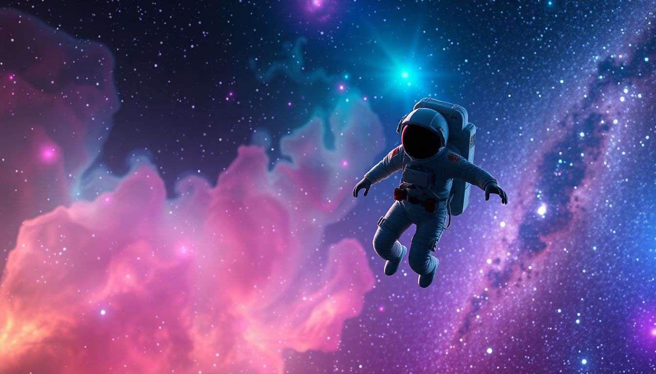 An astronaut floating near a colorful nebula, with... An astronaut floating near a colorful nebula, with...
