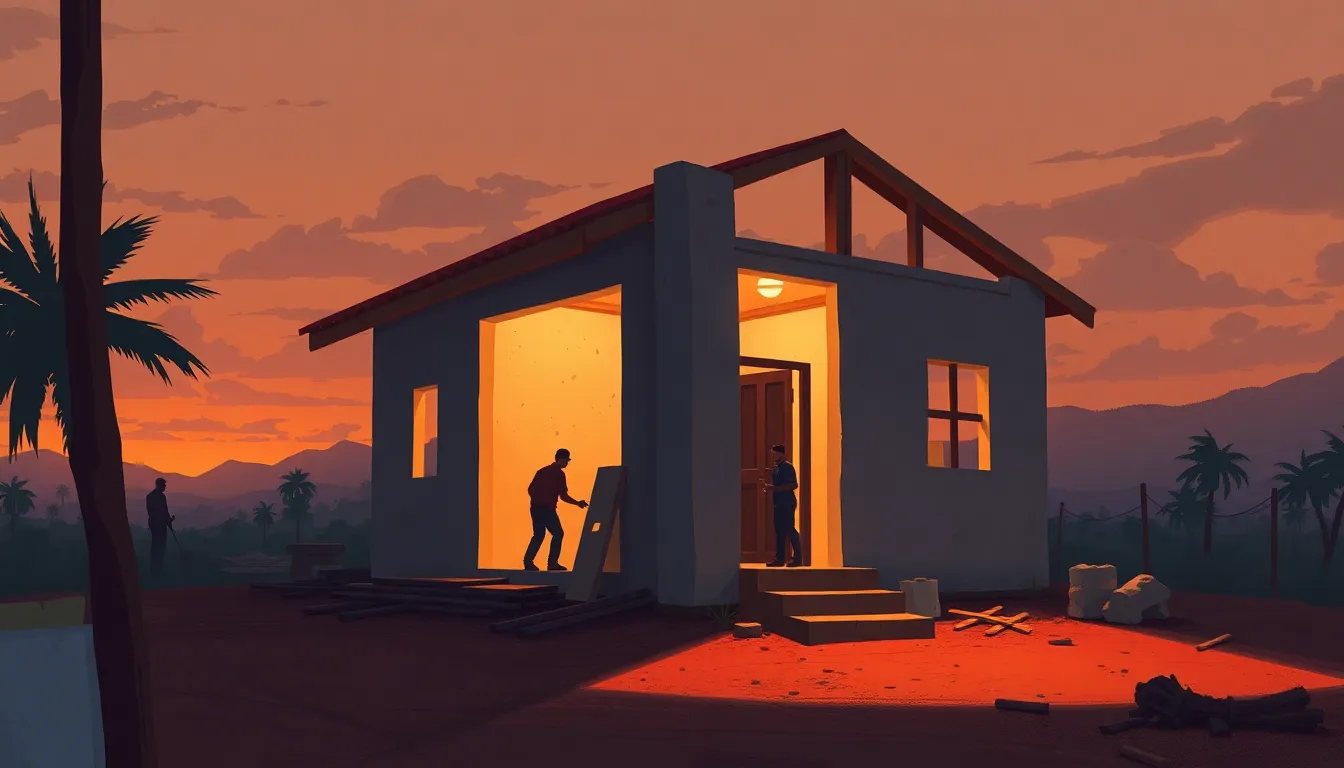 Workers are on a small house construction site, and the house is half constructed. It is in Mexican ...