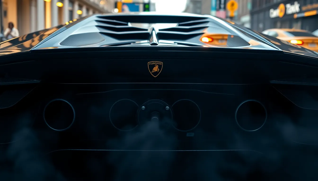 Rear close-up of Lamborghini V12 engine area with ...