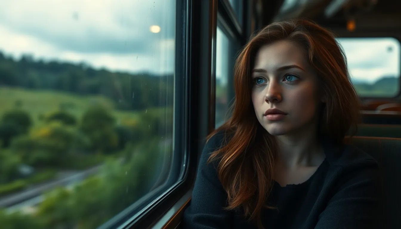 A young woman with auburn hair sitting by a train ... A young woman with auburn hair sitting by a train ...