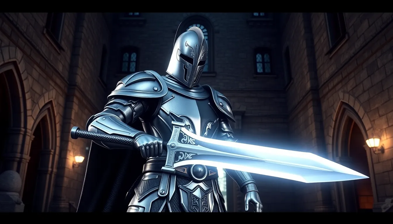 A heroic knight in silver armor holding a glowing ...