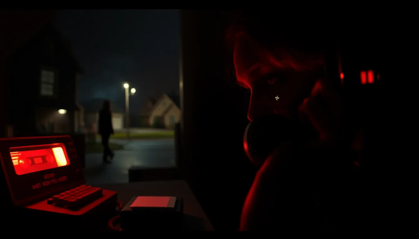 A close-up of an old cassette answering machine glowing red in the dark, eerie shadows stretching ac...