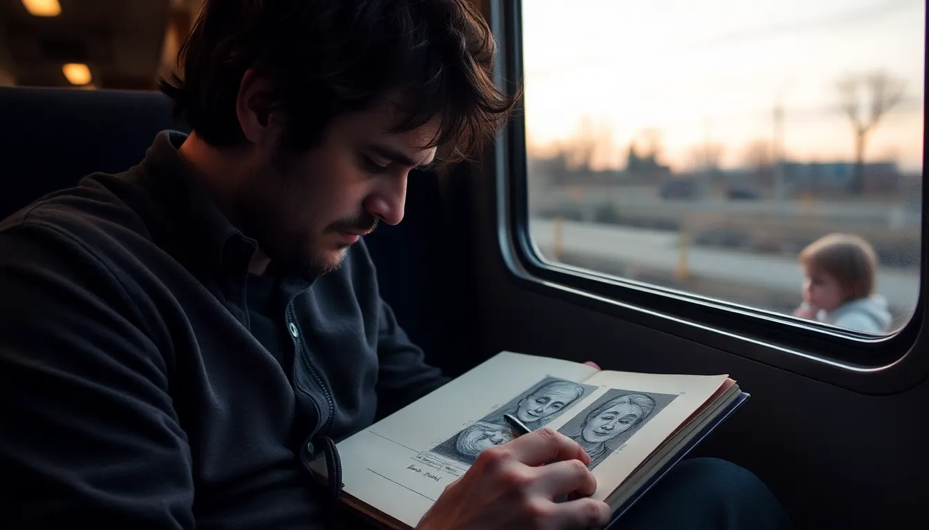 A man with dark tousled hair sketching in a worn n... A man with dark tousled hair sketching in a worn n...