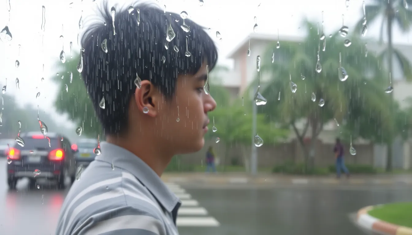 Rain outside begins to stop; quiet, still atmosphere. Rain outside begins to stop; quiet, still atmosphere.