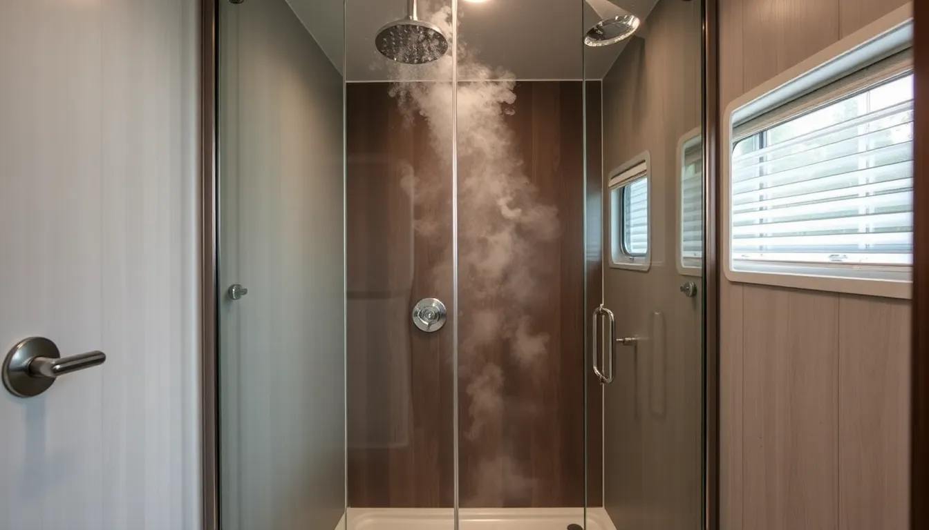 Ultra-realistic interior bathroom shot of the surprisingly large shower with glass panels, hot steam...