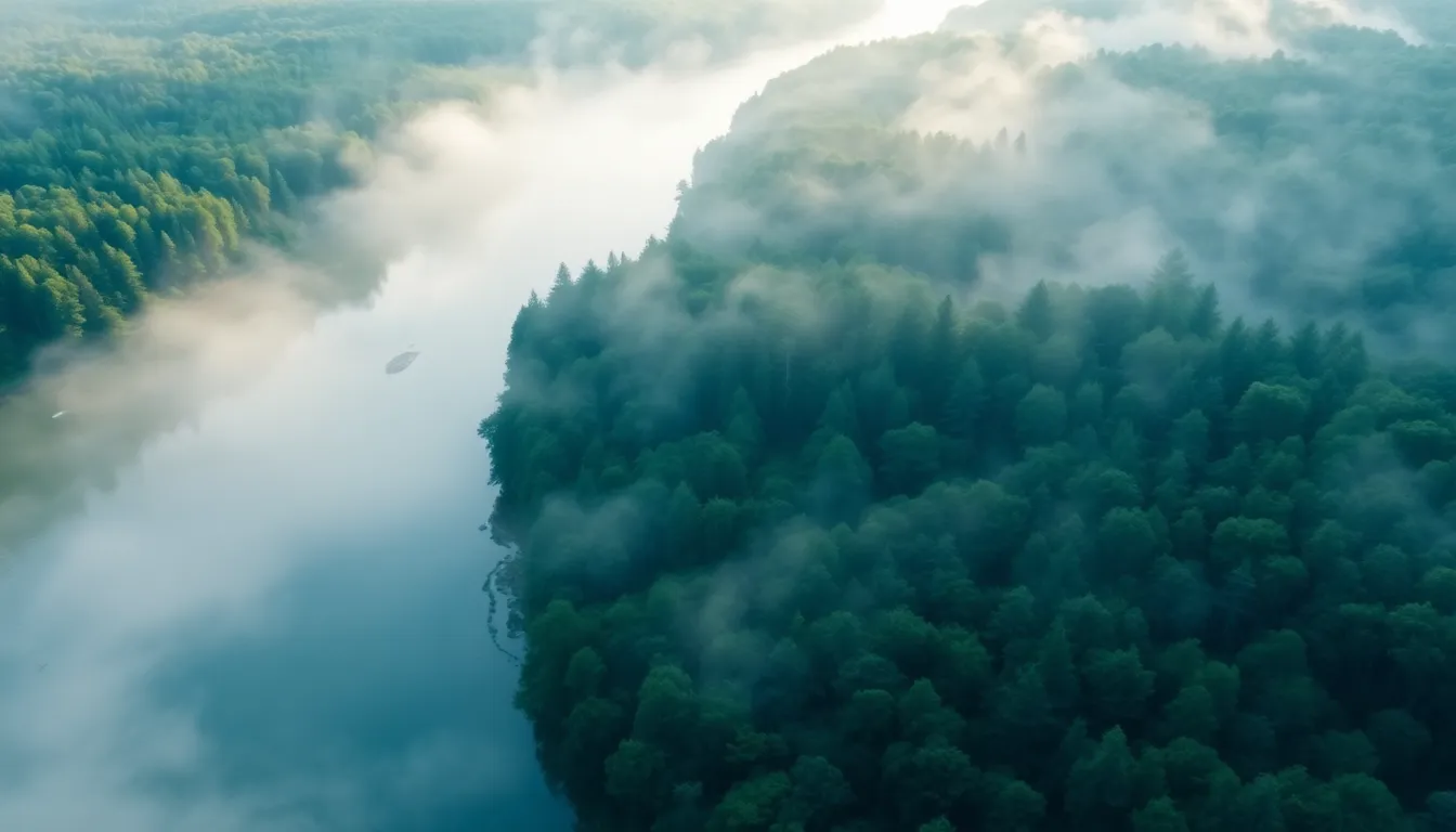 A tranquil river winding through a dense forest, with mist rising from the water in the early mornin...