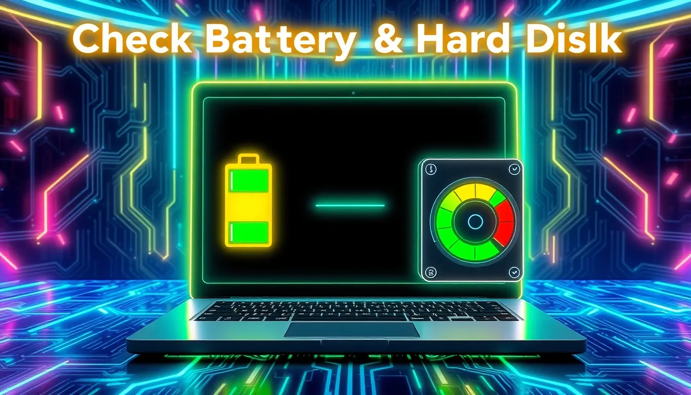 A futuristic glowing laptop in the center with neon blue and green highlights. On the laptop screen,...
