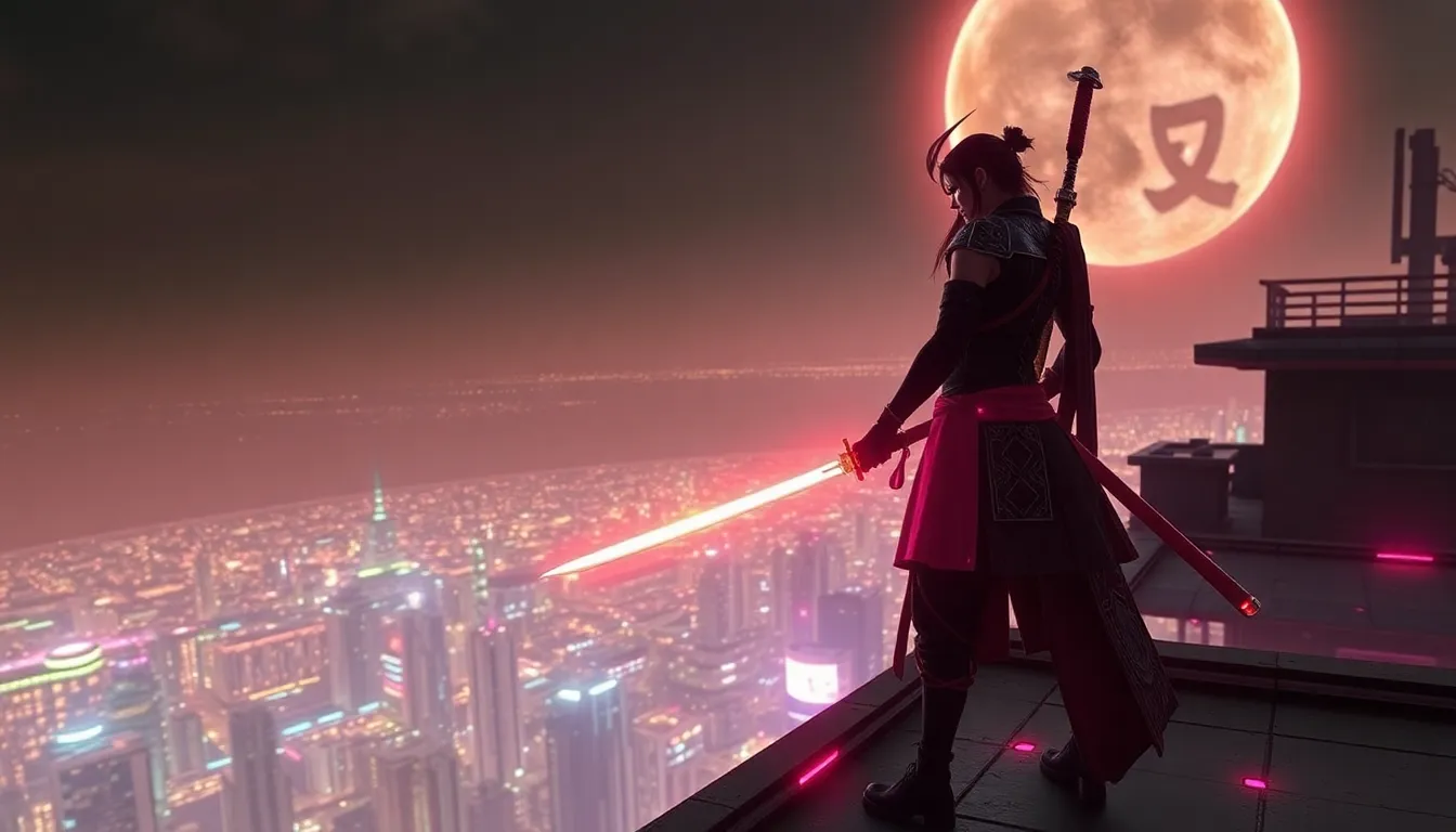 A cyberpunk samurai standing on a neon-lit rooftop...