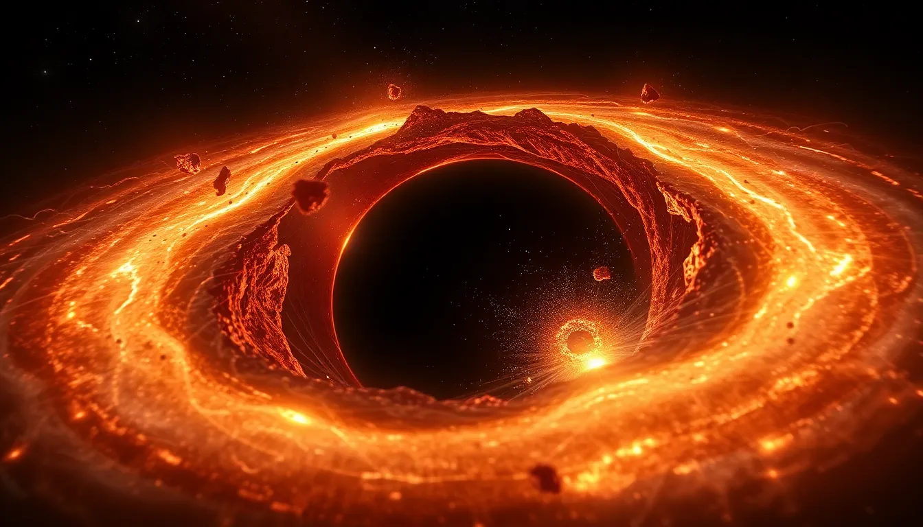 A black hole tearing apart a star, with glowing gas and debris spiraling into the darkness.