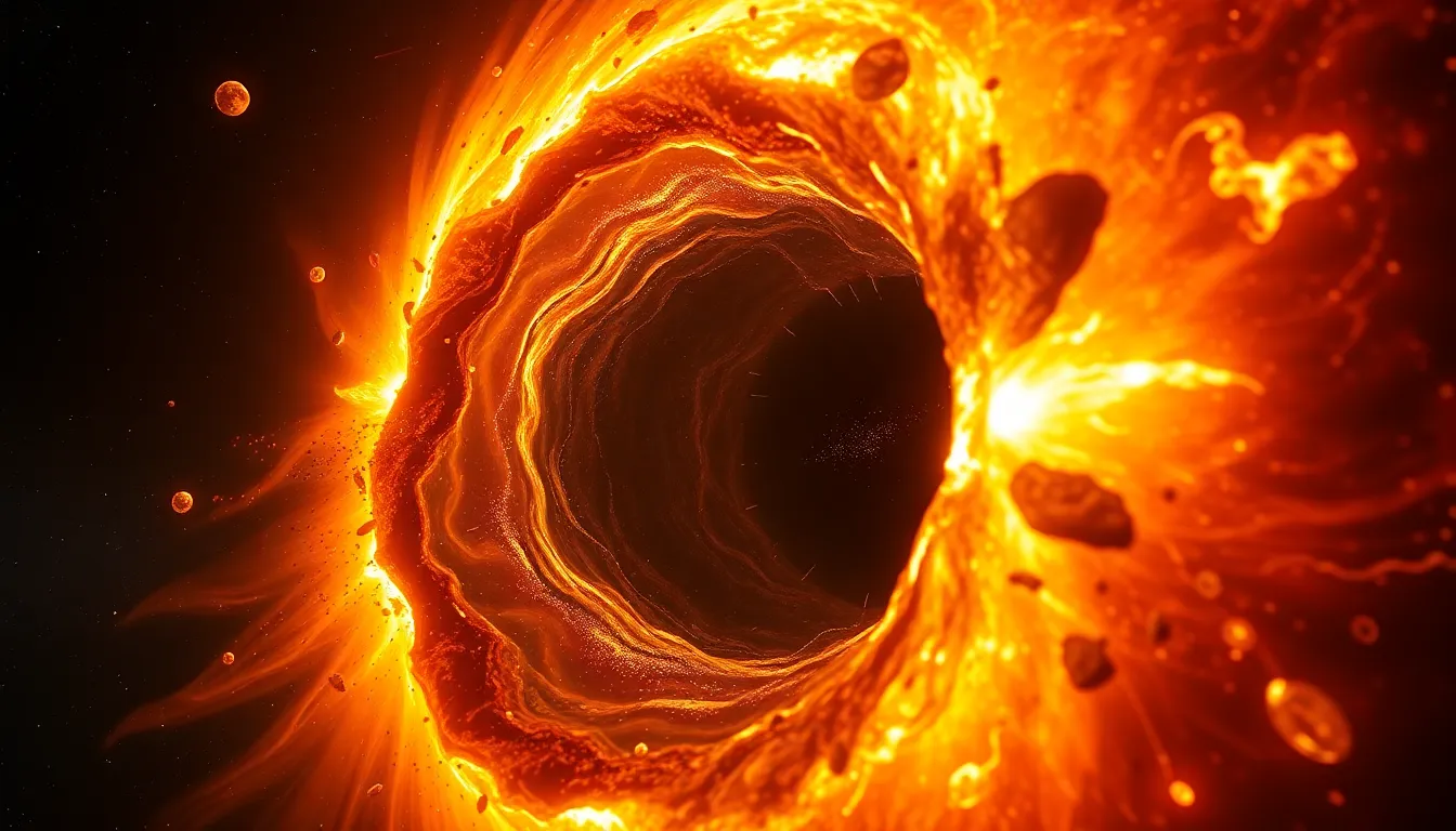 A black hole tearing apart a star, with glowing gas and debris spiraling into the darkness.