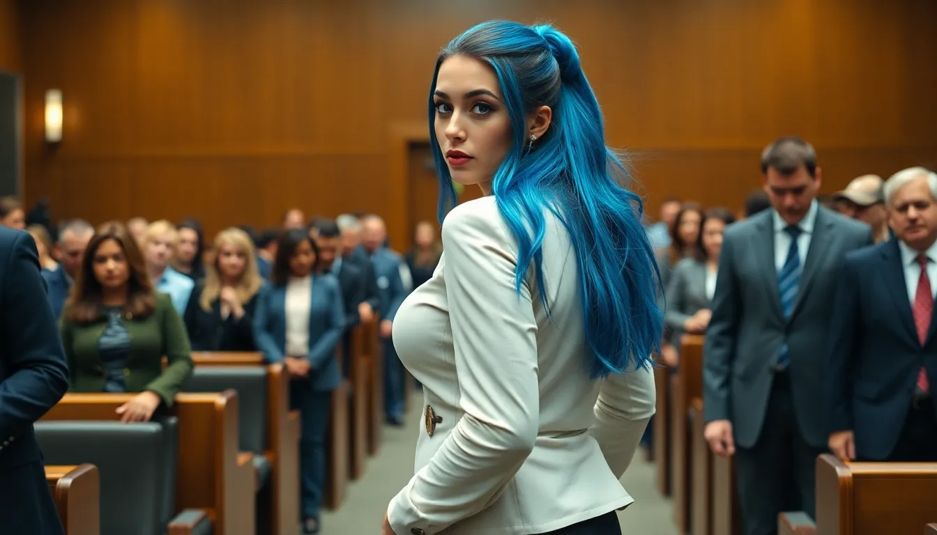 Curvy Girl with long blue Hair tied back and blue Eyes wearing Make-Up walk in the crowded Courtroom...