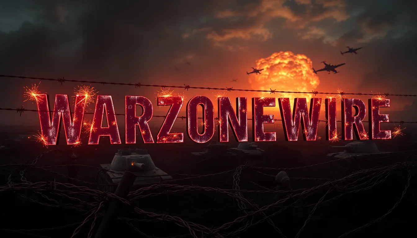 Epic cinematic banner of a vast WW2 warzone at night: foreground shows rusted barbed wire fences tan... Epic cinematic banner of a vast WW2 warzone at night: foreground shows rusted barbed wire fences tan...