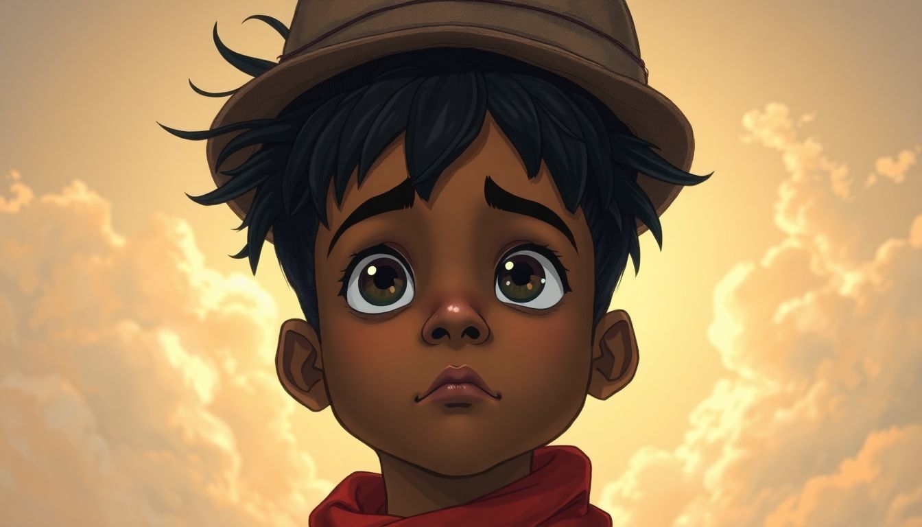 A close-up hand-drawn 2D illustration of Koko, a 15-year-old boy with dark brown skin and messy blac...