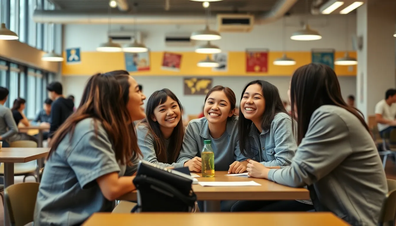 Wide shot – Canteen full of students laughing. Focus on 5 friends sitting together at a table.